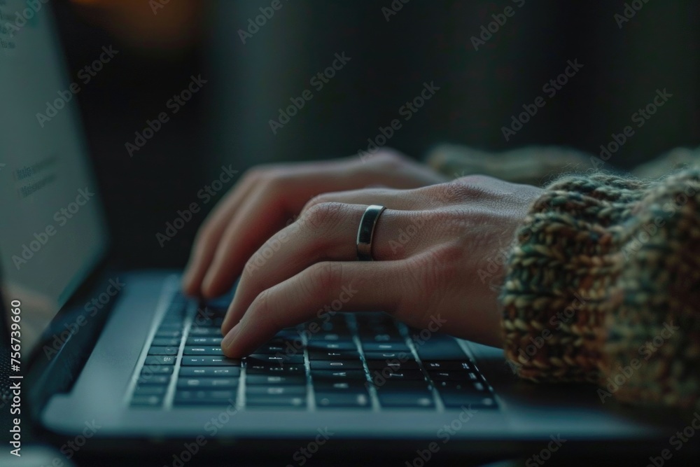 Poster close up of a person typing on a laptop, suitable for technology concepts
