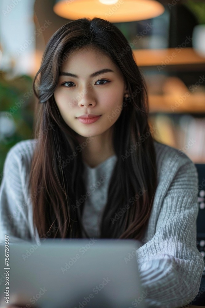 Poster woman sitting in front of a laptop computer. ideal for illustrating technology and remote work conce