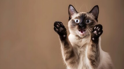 funny seal point siamese cat playing raising paws making funny face with mouth open on brown...