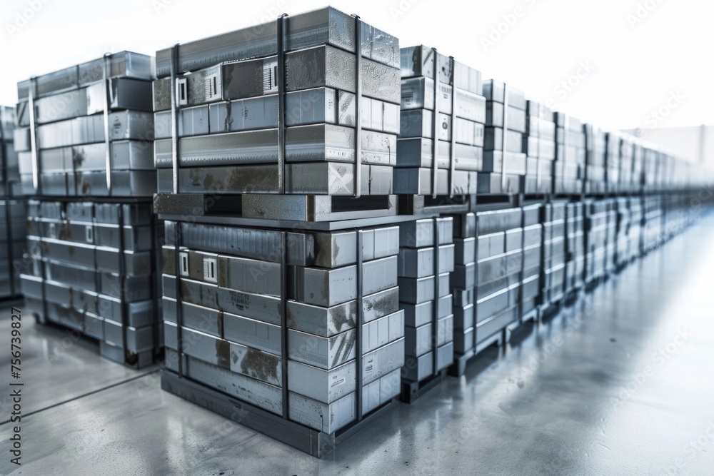Poster a bunch of metal boxes stacked on top of each other. perfect for industrial and storage concepts