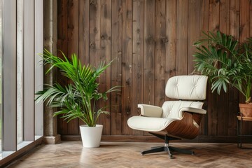A wooden chair and a green potted plant in a well-lit room.
