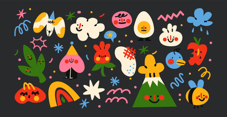 Set cute cartoon doodle stickers in the retro groovy 90s style. Hippie design elements, flowers, pets, fruits. Acid bright sticker pack	