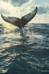 A majestic whale tail in the deep blue ocean. Perfect for marine and wildlife themes - obrazy, fototapety, plakaty