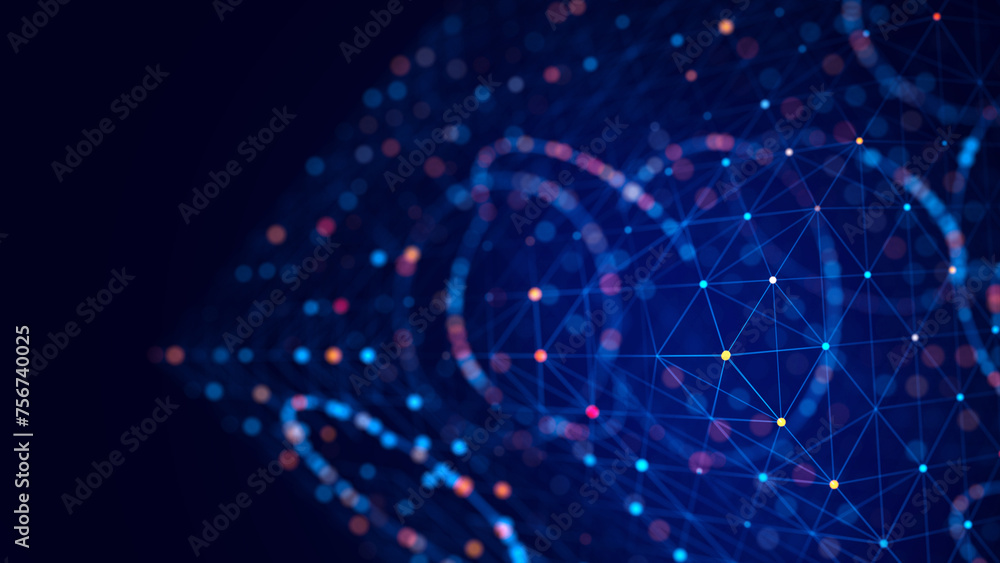Poster Abstract wireframe cube with circles. Digital blockchain concept. Futuristic green background with dots and lines. 3D rendering.