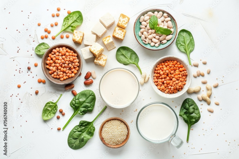 Aufkleber a diverse selection of food items displayed on a white table. ideal for food-related concepts and cu