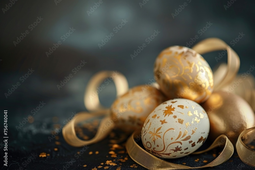 Poster close up of a bunch of gold and white eggs. suitable for easter and spring concepts