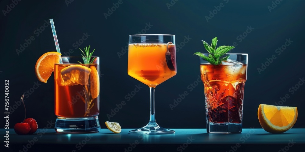 Poster row of glasses filled with different types of drinks, perfect for beverage concept designs