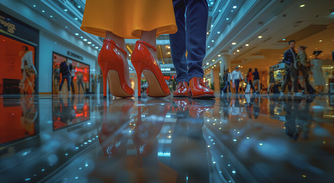 A stylish couple wearing red shoes while taking a stroll in a shopping center