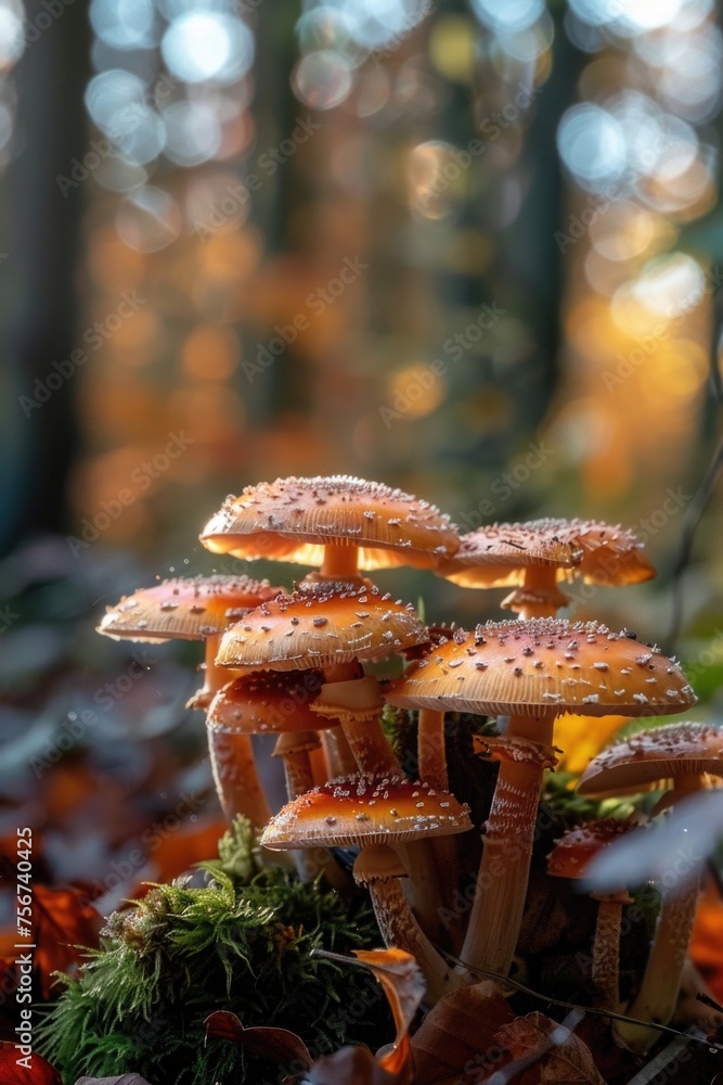 Poster A group of mushrooms on top of fallen leaves. Ideal for nature and autumn themes
