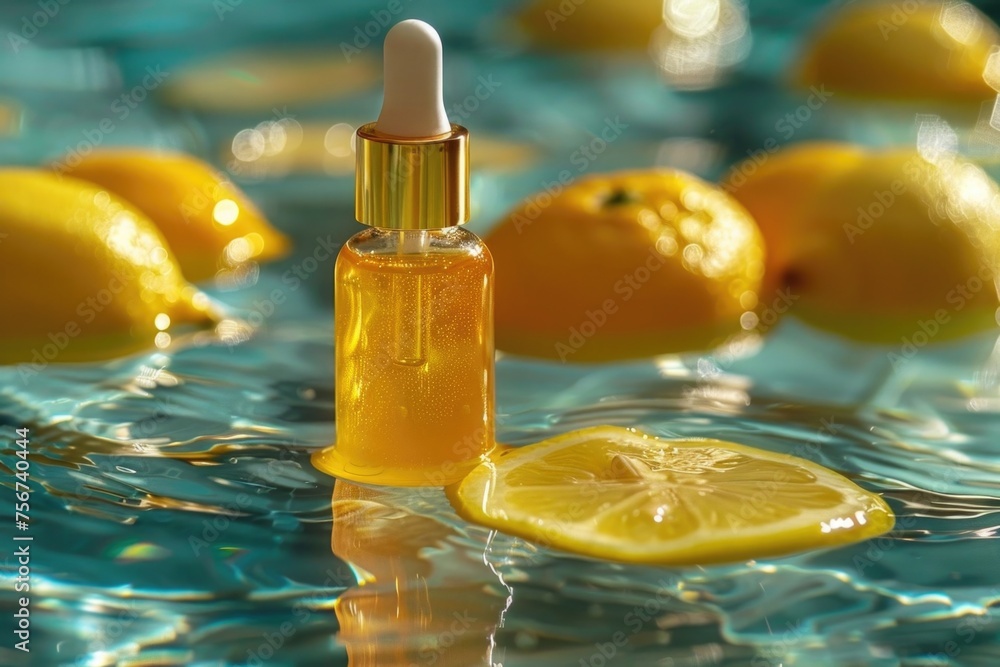 Poster A close up of a bottle of liquid with lemons in the background. Ideal for food and beverage concepts
