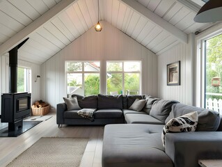 Grey sofas in room with vaulted ceiling. Scandinavian home interior design of modern living room