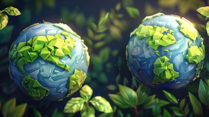 Two blue and green earth globes surrounded by green leaves. Suitable for environmental concepts
