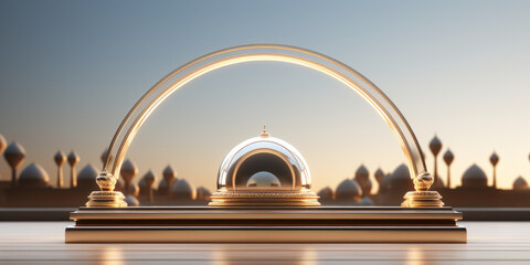 Ornamental golden mosque podium, greeting card, invitation for Muslim holy month Ramadan Kareem. - obrazy, fototapety, plakaty