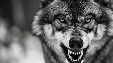 Greyscale closeup shot of an angry wolf with a blurred background - obrazy, fototapety, plakaty