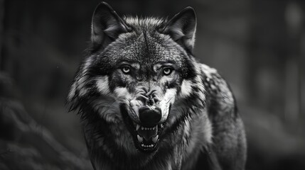 Greyscale closeup shot of an angry wolf with a blurred background