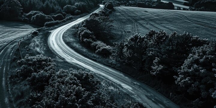 A scenic black and white photo of a winding road. Perfect for travel blogs or inspirational quotes