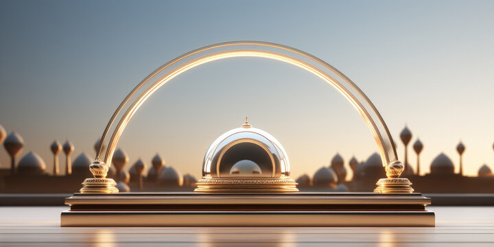 Ornamental golden mosque podium, greeting card, invitation for Muslim holy month Ramadan Kareem.