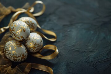 Three white and gold decorated eggs on a black surface. Suitable for Easter or luxury themed designs - obrazy, fototapety, plakaty