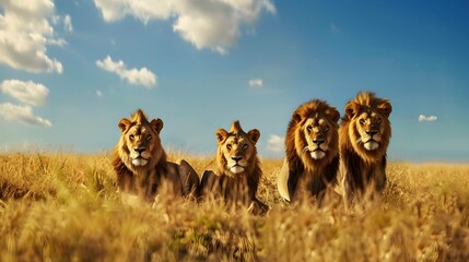 Group of lions on the savanna. African wildlife - obrazy, fototapety, plakaty