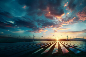 Wind turbines with solar panels. Green energy concept. Solar cell plant and wind generators in field under the blue sky on sunset. Powerplant with photovoltaic panels and eolic turbine. Earth's Day - obrazy, fototapety, plakaty