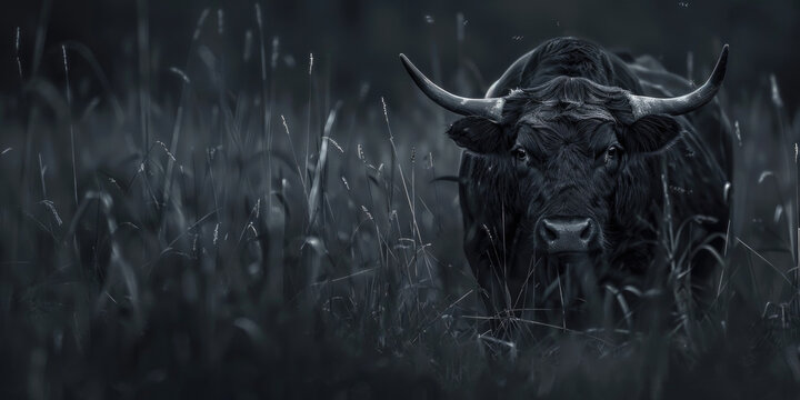 A black and white photo of a bull in tall grass. Suitable for agricultural or nature concepts