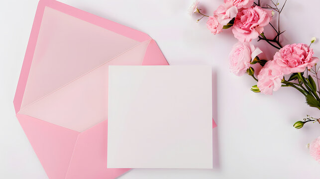 Wedding card template. Blank paper card and pink envelope with flowers. Flat lay, top view with copy space.