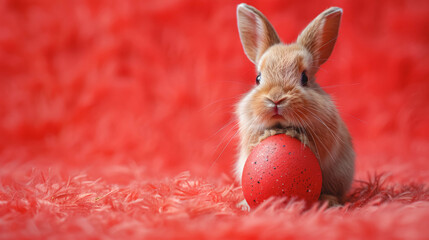 Little bunny with Easter egg on blurred red background, copy space.