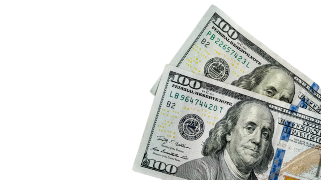 Two $100 bills. US dollars: 200 dollars. American money. Isolated on white horizontal background. hundred dollar bills. American finance and banking. Investments. World crisis 