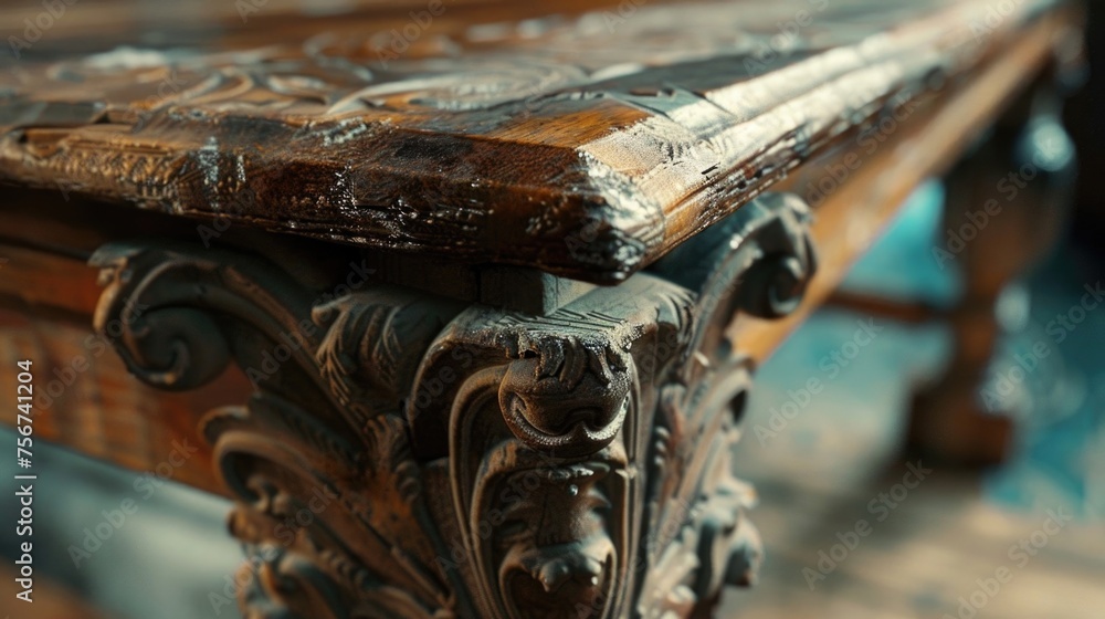 Poster detailed close up of a wooden table with intricate carvings. ideal for interior design projects