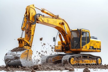 A yellow excavator is digging the ground. Isolated on a white background. Illustration