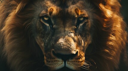 Fototapeta premium image of dangerous powerful lion with fluffy mane looking at camera in African Savanna