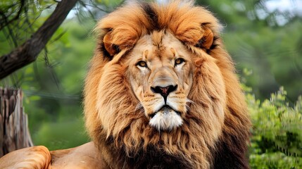 Fototapeta premium image of dangerous powerful lion with fluffy mane looking at camera in African Savanna