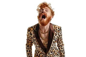 A man wearing a leopard print suit with his mouth open. Suitable for fashion or animal-themed designs - obrazy, fototapety, plakaty