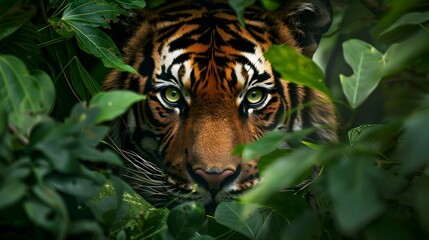 dangerous wild tiger with striped fur and green eyes hiding in green foliage and looking at camera during hunt 