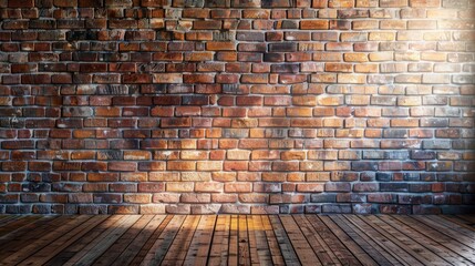 A room with a brick wall and wooden floor. Suitable for interior design projects