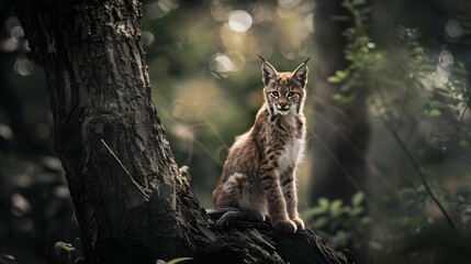Obraz premium Young lynx standing on a tree stump 