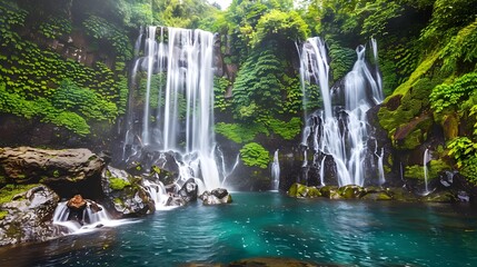 Jungle waterfall cascade in tropical rainforest with rock and turquoise blue pond. Its name...
