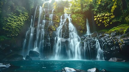 Jungle waterfall cascade in tropical rainforest with rock and turquoise blue pond. Its name Banyumala because its twin waterfall in mountain slope  - obrazy, fototapety, plakaty