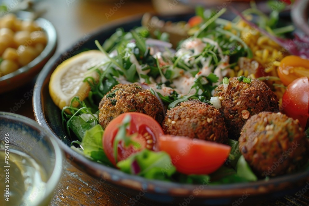 Poster a plate of food on a table with a glass of wine. suitable for culinary or dining concepts
