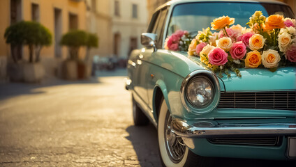 Beautiful retro car with flowers