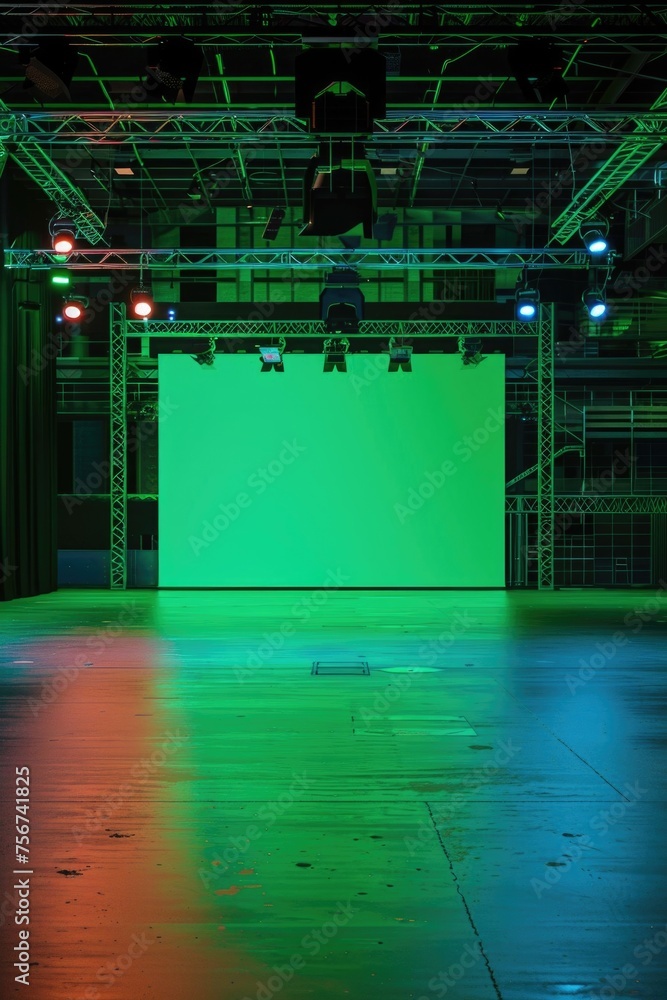 Poster a green screen setup in a spacious room. ideal for video production projects
