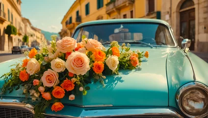 Poster Beautiful retro car with flowers service © tanya78