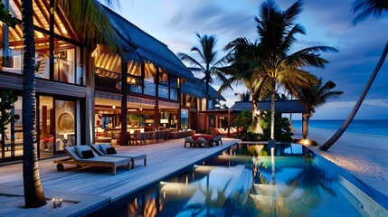 Luxury beach resort in tropical vacation destination - obrazy, fototapety, plakaty