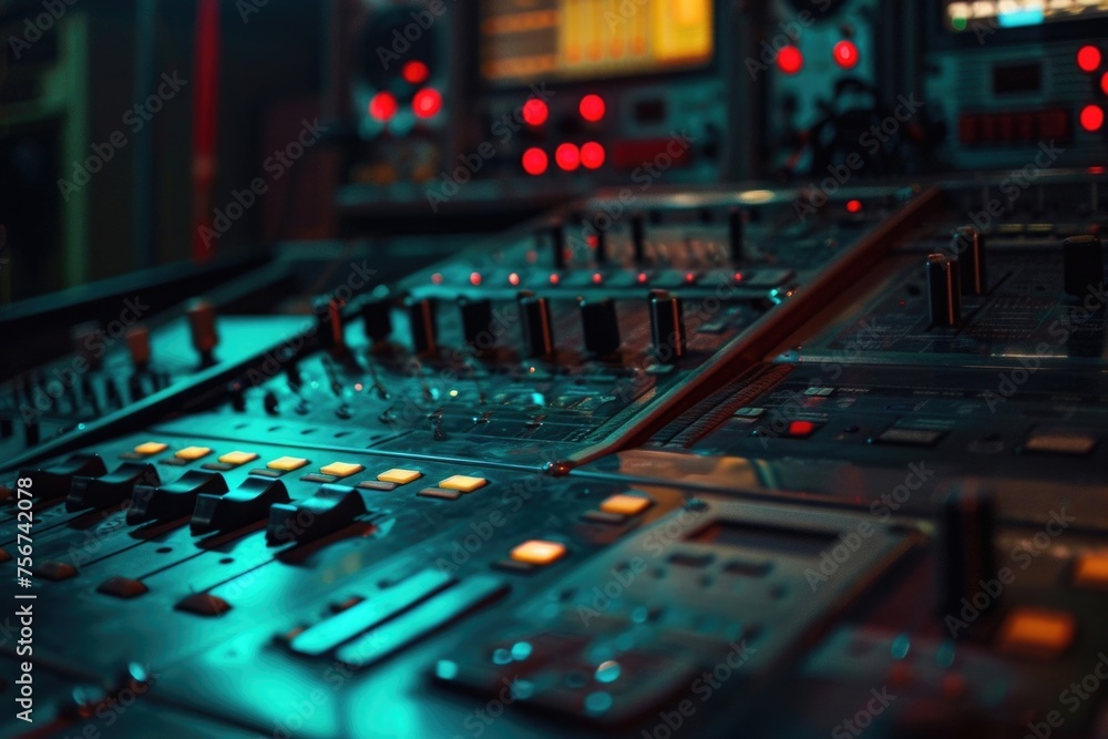 Poster detailed view of a control board in a recording studio, ideal for music production projects