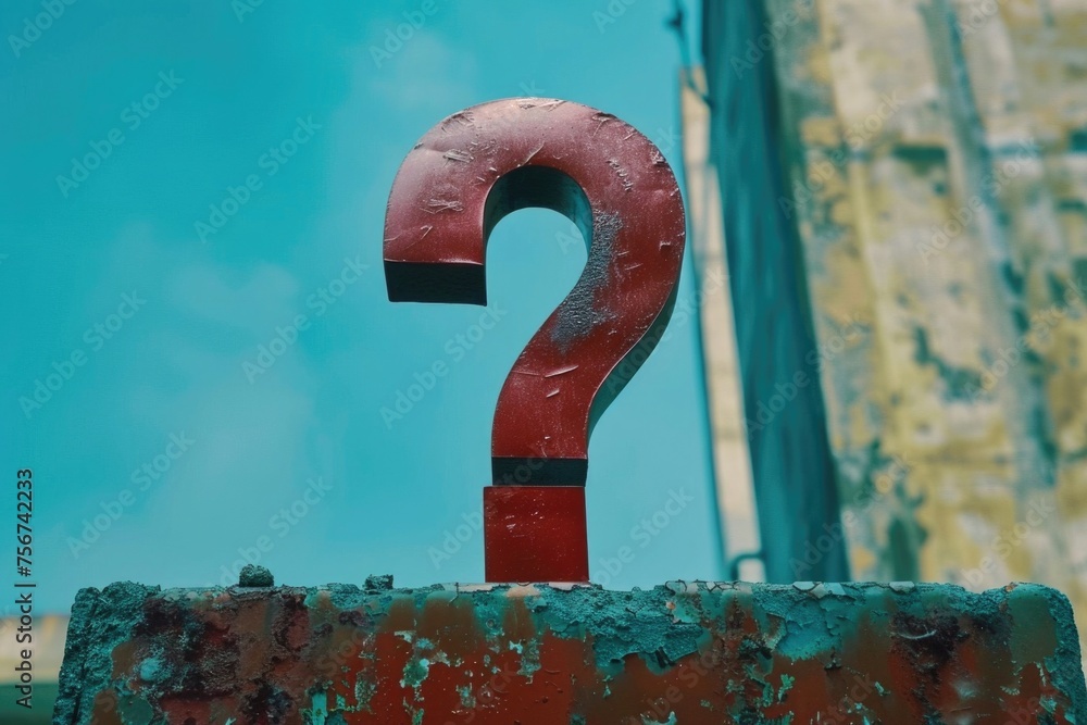 Poster a red question mark symbol on a weathered building. great for educational concepts