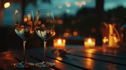 Fotobehang Elegant wine glasses on rustic wooden table, perfect for wine tasting events © Fotograf