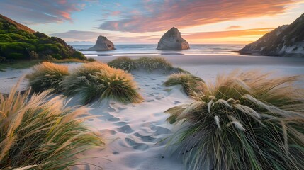 Morning sunrise with bushes and grass at Wharariki Beach New Zealand