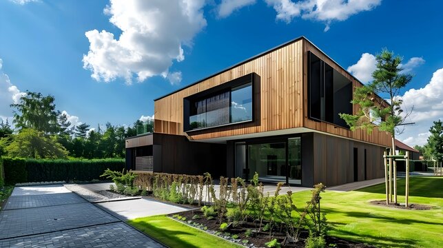 Modern luxury minimalist cubic house, villa with wooden cladding and black panel walls and landscaping design front yard. Residential architecture exterior. 