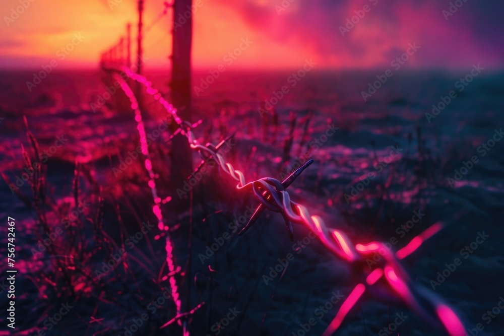 Poster A striking image of a barbed wire fence with a beautiful sunset in the background. Perfect for illustrating concepts of confinement and freedom