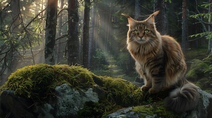 Norwegian Forest Cats and Kittens Reign Over Enchanting Forest Scenery 